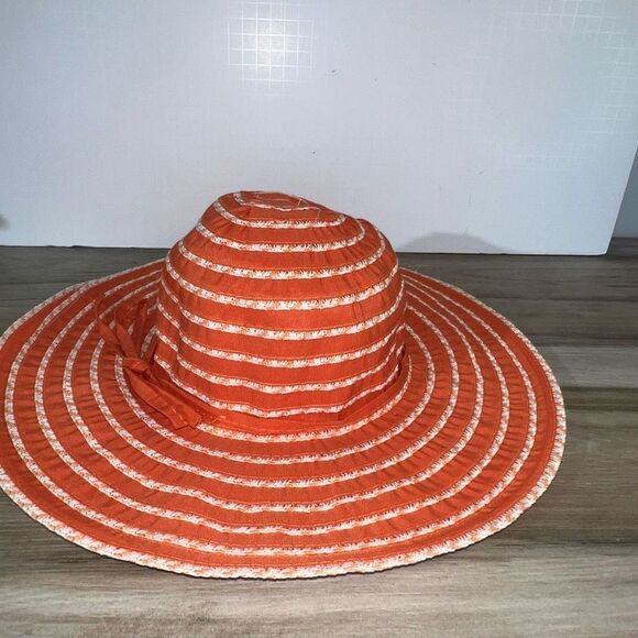 J Hats Wide Brim Straw Ribbon Sun Hat Orange Apricot & White Floppy Wire Brim - Picture 2 of 7